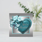 シルバーティール(緑がかった色)ブルーハートバタフライティール(緑がかった色)ブルーパーティー 招待状 (スタンド正面)