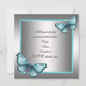 シルバーティール(緑がかった色)ブルーハートバタフライティール(緑がかった色)ブルーパーティー 招待状 (裏面)