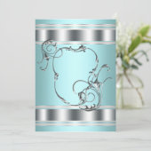 シルバーティール（緑がかった色）ブルーパーティの招待状テンプレート 招待状 (スタンド正面)