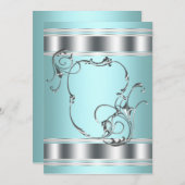 シルバーティール（緑がかった色）ブルーパーティの招待状テンプレート 招待状 (正面/裏面)