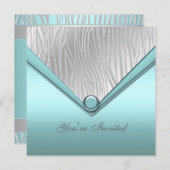 シルバーティール(緑がかった色)ブルーパーティー 招待状 (正面/裏面)