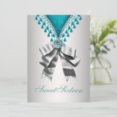 シルバーティール（緑がかった色）ブルーSweet sixteenバースデーパーティーインヴィ 招待状 (スタンド正面)