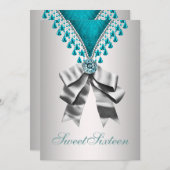 シルバーティール（緑がかった色）ブルーSweet sixteenバースデーパーティーインヴィ 招待状 (正面/裏面)