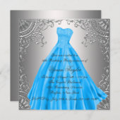 シルバーティール（緑がかった色）ブルーSweet sixteenバースデーパーティー 招待状 (正面/裏面)