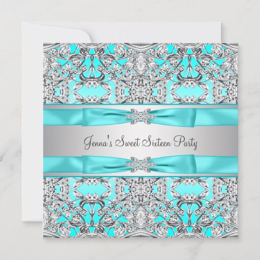 シルバーティール(緑がかった色)ブルーSweet sixteenパーティー 招待状 (正面)