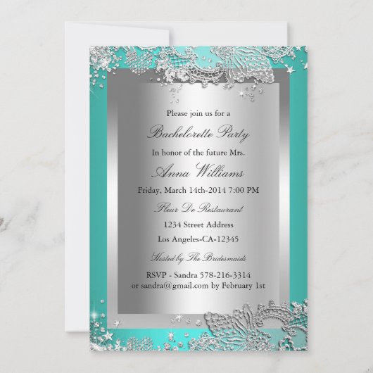 シルバーティール(緑がかった色)マスク&ジュエルレースバチェロレッテ 招待状 (裏面)