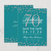 シルバーティール(緑がかった色)70誕生日日救付紙吹雪 セーブザデート (正面/裏面)