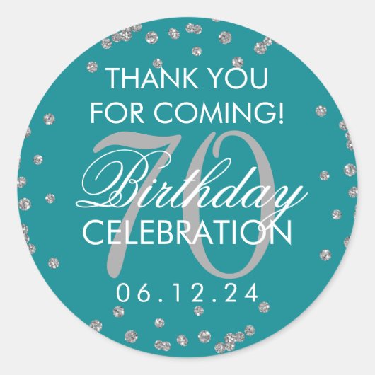 シルバーティール（緑がかった色）70th誕生日サンキュー紙吹雪 ラウンドシール (正面)