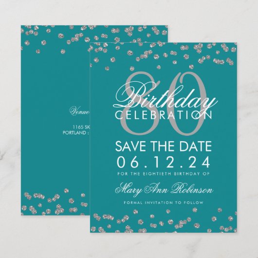 シルバーティール(緑がかった色)80誕生日日救付紙吹雪 招待状 (正面/裏面)