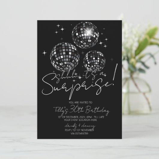 シルバーディスコパーティーモダンサプライズ誕生日パーティー 招待状 (スタンド正面)