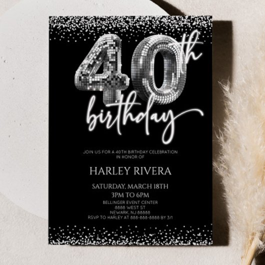 シルバーディスコボールグリッター40th誕生日パーティー 招待状
