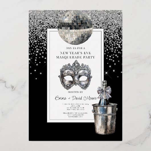 シルバーディスコボール新年のイブ仮装パーティー 箔招待状 (正面)