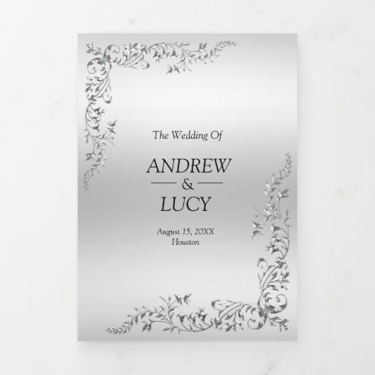 シルバーデコレーションQRコードフォト結婚ズ 三つ折り招待状 (カバー)