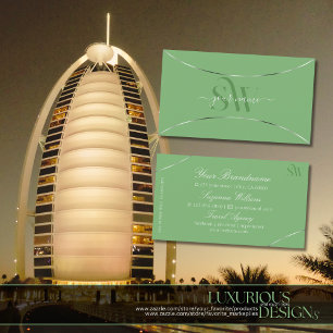 シルバーデコールとモノグラムのセージ・グリーンスタイリッシュ 名刺