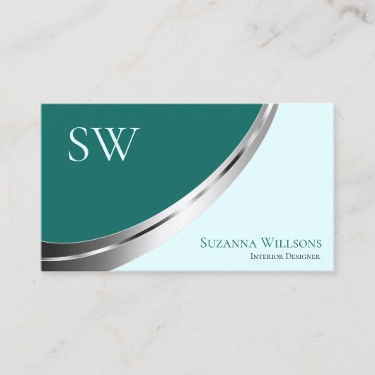 シルバーデコールとモノグラムを持つダークライトティール（緑がかった色） 名刺 (正面)