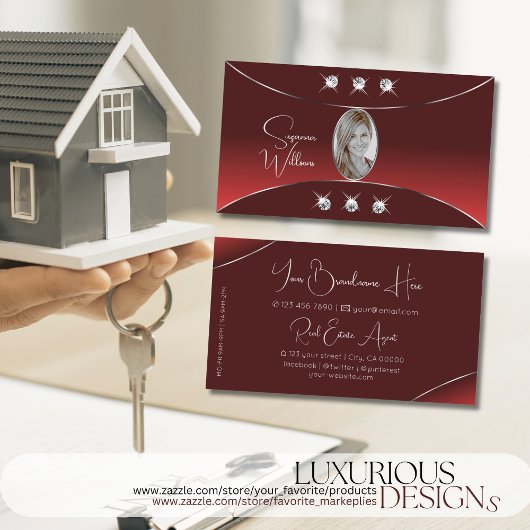 シルバーデコールダイヤモンドと写真とラグジュアリーレッド 名刺