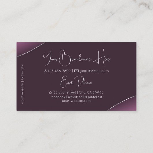 シルバーデコールダイヤモンドと写真を使用したノーブルパープル 名刺 (裏面)