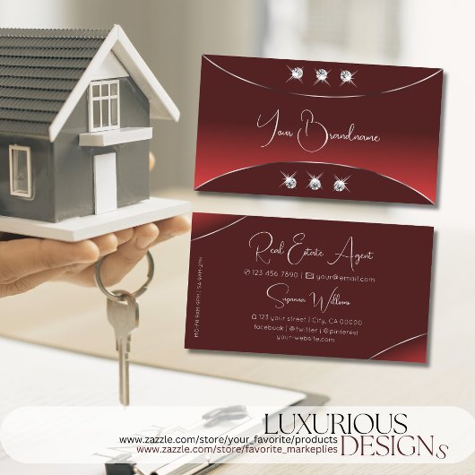 シルバーデコールダイヤモンド付きラグジュアリーレッドきらめく 名刺