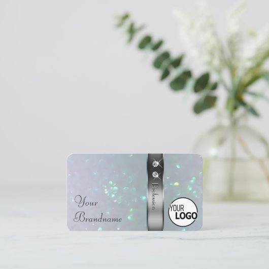 シルバーデコールライトブルーパールグリッターロゴジュエリー 名刺 (スタンド正面)