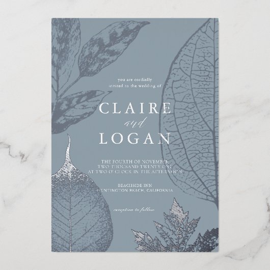 シルバーデリテ葉ィブルズダスティブルー結婚ズ 箔招待状 (正面)