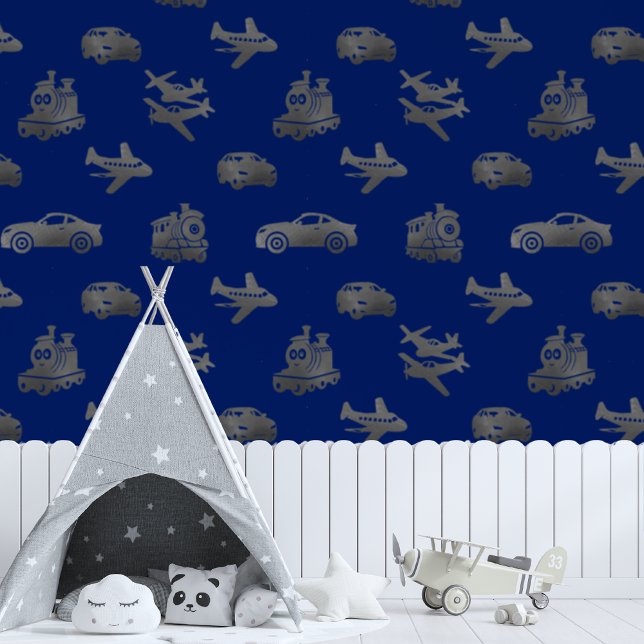シルバートレイン飛行機と車ボーイズブルー 壁紙 (Boys Playroom)