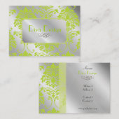 シルバートーンのライムグリーン色のダマスク柄の名刺 名刺 (正面/裏面)