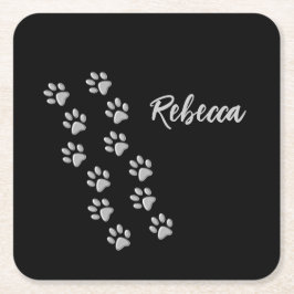 シルバードッグポーズブラック背景プリントパターン スクエアペーパーコースター