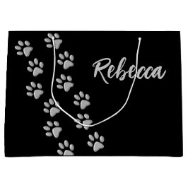 シルバードッグポーズブラック背景プリントパターン ラージペーパーバッグ