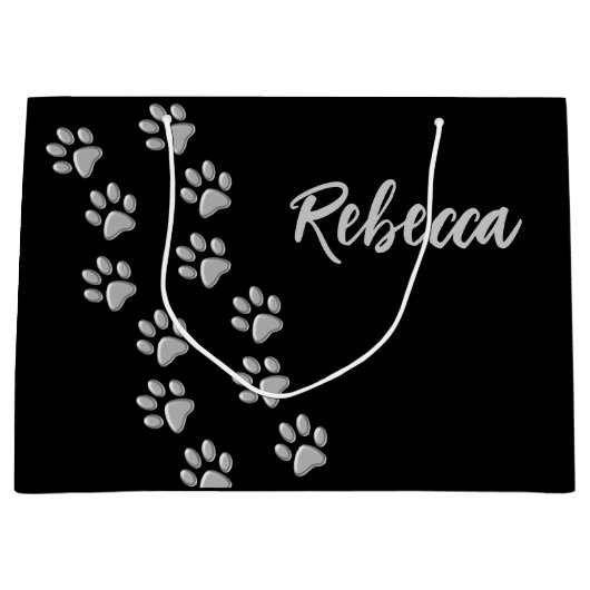 シルバードッグポーズブラック背景プリントパターン ラージペーパーバッグ (正面)