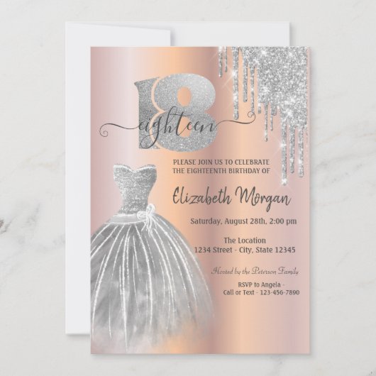 シルバードリップスグリッタードレスバラ金ゴールド18th誕生日 招待状 (正面)