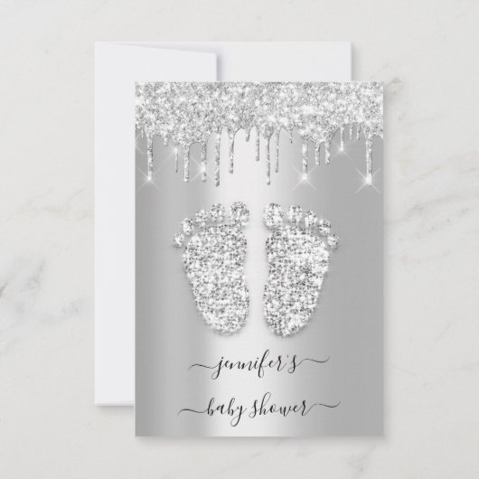シルバードリップスグレーグレーベビーガールシャワー足 招待状 (裏面)