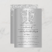 シルバードリップスグレーグレーベビーガールシャワー足 招待状 (正面/裏面)