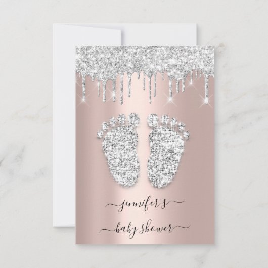 シルバードリップスグレーバラベビーガールシャワー足 招待状 (裏面)