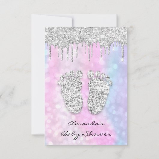シルバードリップスピンクブルーベビーガールシャワー足 招待状 (裏面)
