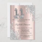 シルバードリップスフラワーズバラ金ゴールド11誕生日 招待状 (正面)