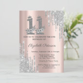 シルバードリップスフラワーズバラ金ゴールド11誕生日 招待状 (スタンド正面)