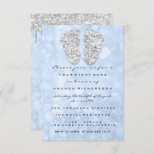 シルバードリップスブルー男の赤ちゃんシャワー足 招待状 (正面/裏面)