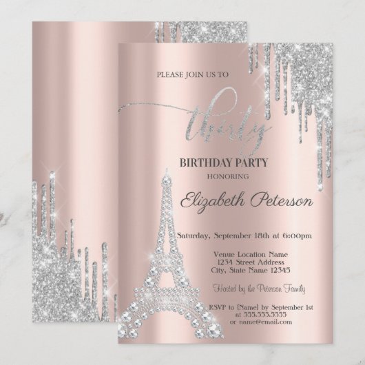 シルバードリップス、ダイヤモンド エッフェル塔 30歳の誕生日 招待状 (正面/裏面)
