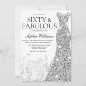 シルバードレスと線画の60歳の誕生日パーティー 招待状 (正面)