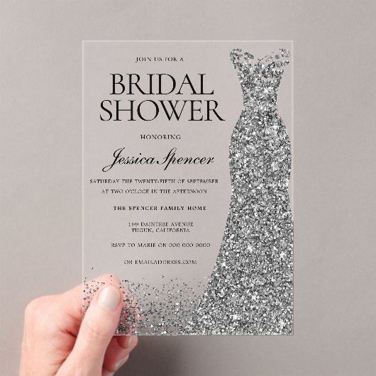 シルバードレスエレガンスブライダルシャワー アクリル招待状 (インサイチュ (ポータブル))