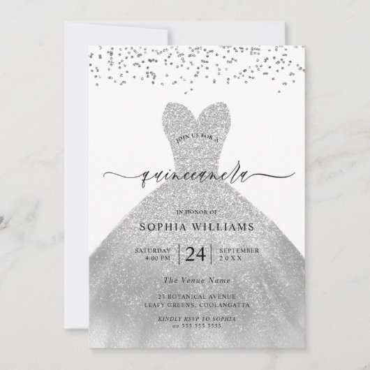 シルバードレスエレガントグリッターキンセアニェラパーティー 招待状 (正面)