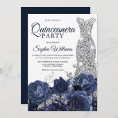 シルバードレスガウンネイビーキンセアニェラパーティーきらめく 招待状 (正面/裏面)