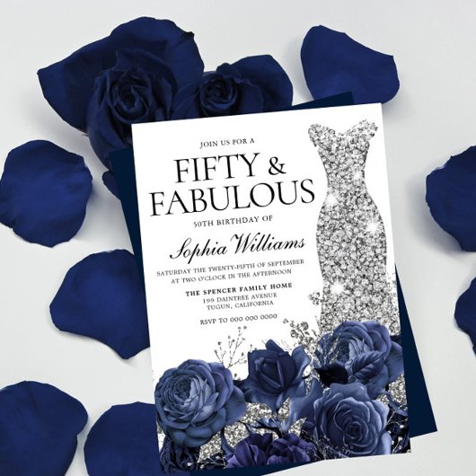 シルバードレスネイビー50th誕生日 招待状