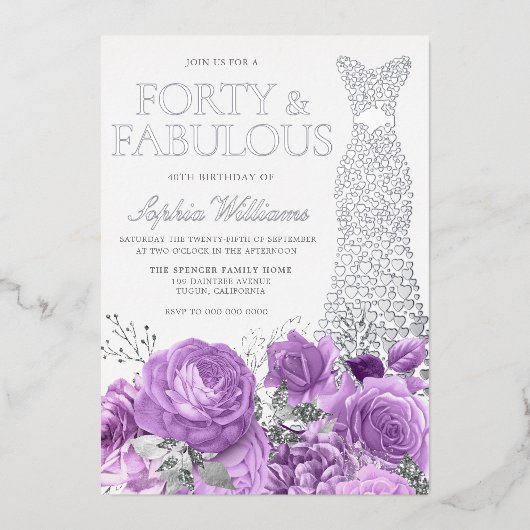 シルバードレスパープルラベンダーフローラ40th誕生日 箔招待状 (正面)