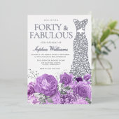 シルバードレスパープルラベンダーフローラ40th誕生日 箔招待状 (立ち正面)