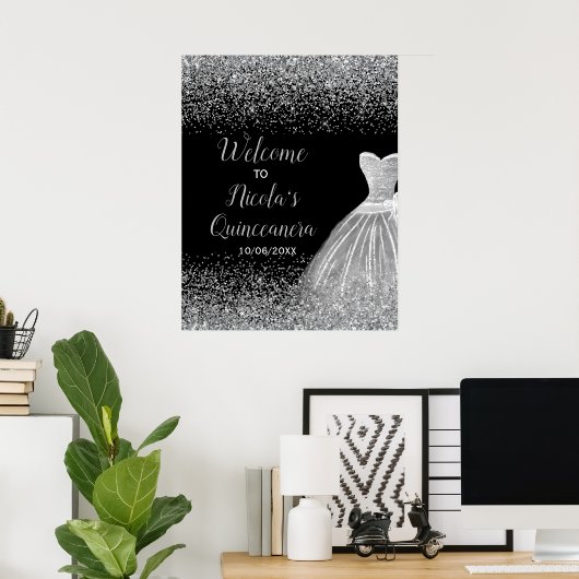 シルバードレスフェイクグリッターキンセアニェラへようこそ ポスター (ホームオフィス)