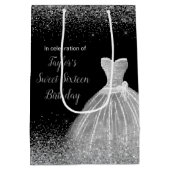 シルバードレスフェイクグリッタースウィート16誕生日 ミディアムペーパーバッグ (裏面)