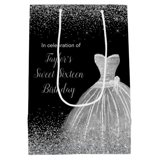 シルバードレスフェイクグリッタースウィート16誕生日 ミディアムペーパーバッグ (裏面)