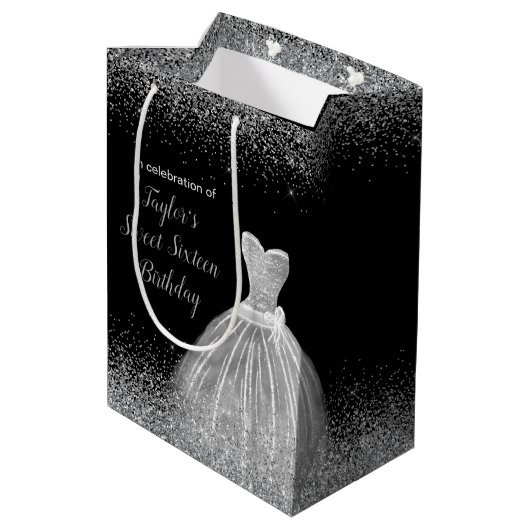 シルバードレスフェイクグリッタースウィート16誕生日 ミディアムペーパーバッグ (裏面アングル)