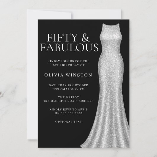 シルバードレスブラック50th誕生日 招待状 (正面)